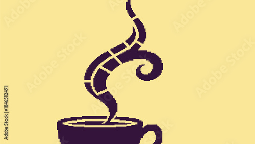 Vibrant pixel art coffee cup with rising steam