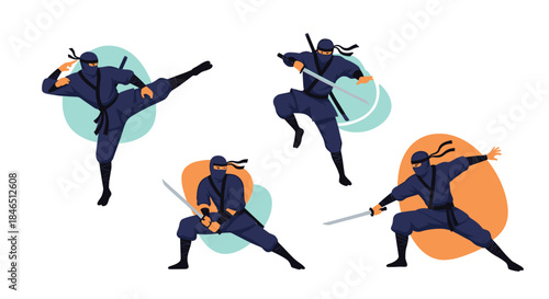 Ninjas in dynamic combat poses perform swift sword actions across a stylized illustration showing high kicks leaps and crouching stances.