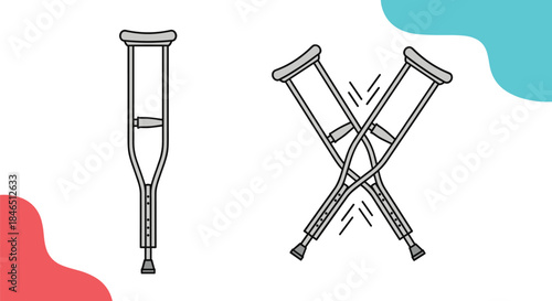 Single medical crutch stands upright on the left while a pair of crutches crosses in midair on the right against a minimal abstract background.