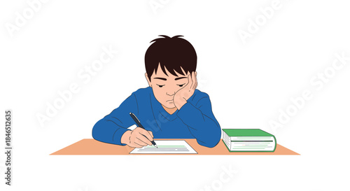 Young student sits at a desk focused on writing on a sheet of paper with a stack of books beside him during quiet study time.