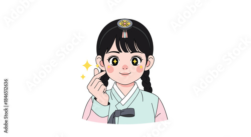 Charming illustration of a smiling girl in a pastel hanbok making a finger heart gesture with twinkling stars and rosy cheeks.