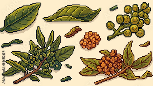 Vibrant pixel art of coffee beans and leaves on beige background