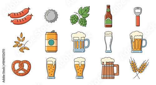 Colorful collection of beer items and snacks including sausages pretzels hops barley malt and various bottles glasses mugs and openers