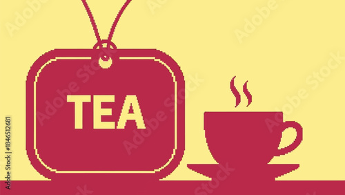 Vibrant tea tag and steaming cup on saucer