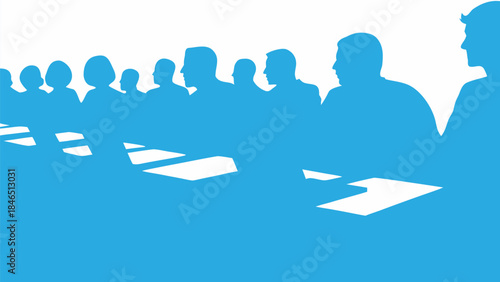 Silhouettes of people sitting at a long conference table in a meeting