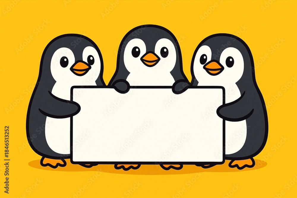 Naklejka premium Three penguins holding a blank poster, bright yellow background, copy space
