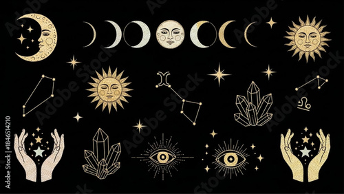 Modern Retro Halftone Zodiac Astrology Sticker Elements Set on Black Background