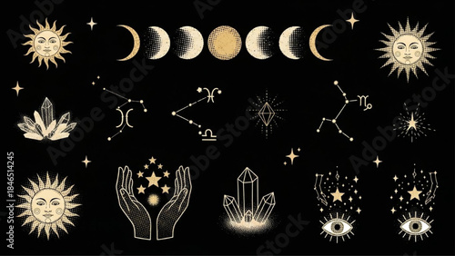 Modern Retro Halftone Zodiac Astrology Sticker Elements Set on Black Background