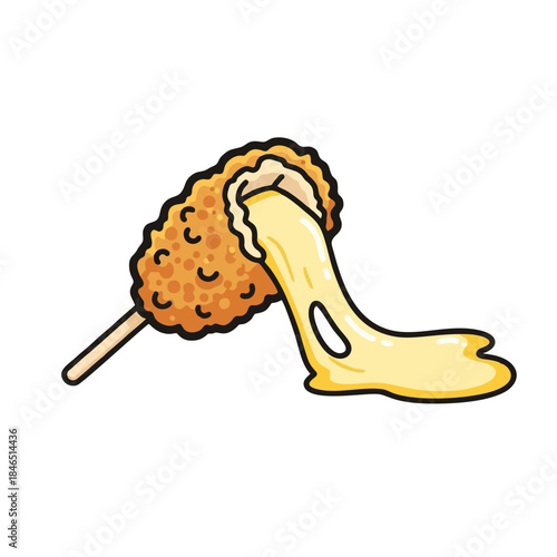 Cute illustration of a Korean cheese corn dog with melted cheese pull, street food style, vibrant colors, clean outline, isolated on white background