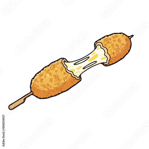 Cute illustration of a Korean cheese corn dog with melted cheese pull, street food style, vibrant colors, clean outline, isolated on white background