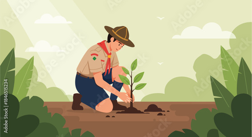 Illustration of a young man in a scout uniform planting a sapling in a sunny outdoor setting with lush greenery.