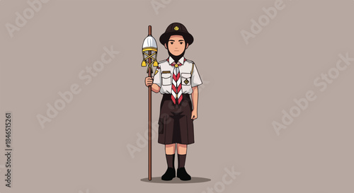 Full-body illustration of a smiling young boy dressed as a scout holding a walking stick with a lantern on a plain background.