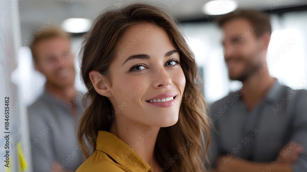 Obraz premium Smiling businesswoman leading a collaborative team meeting in a modern office