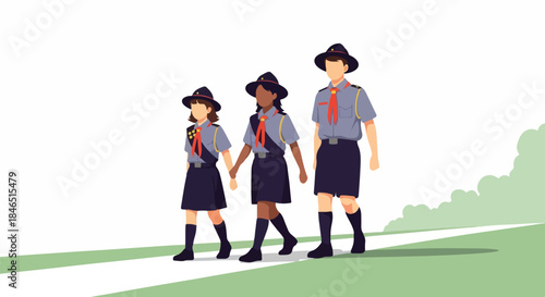 Illustration of three scouts walking on a path with green grass and trees in the background, wearing uniforms and hats in a flat, colorful style.