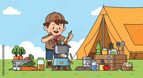 Cartoon boy cooking outdoors with camping gear and tent in a green field under a blue sky with white clouds.
