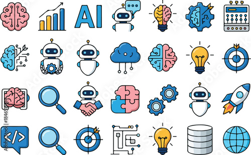 A set of icons representing various aspects of artificial intelligence and technology.
