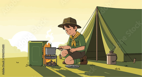 Young boy scout cooking outdoors in front of a tent with a portable stove at sunrise or sunset.
