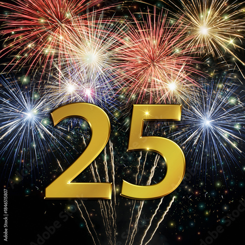 Gold number 25 with fireworks in the background. Festive scene for birthday or anniversary party