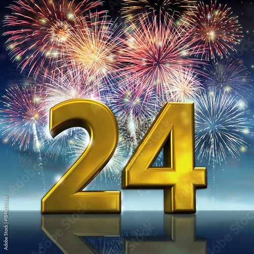 Gold number 24 with fireworks in the background. Festive scene for birthday or anniversary party