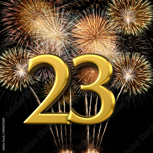 Gold number 23 with fireworks in the background. Festive scene for birthday or anniversary party