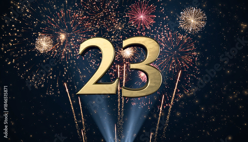 Gold number 23 with fireworks in the background. Festive scene for birthday or anniversary party