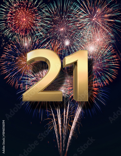 Gold number 21 with fireworks in the background. Festive scene for birthday or anniversary party