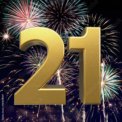 Gold number 21 with fireworks in the background. Festive scene for birthday or anniversary party