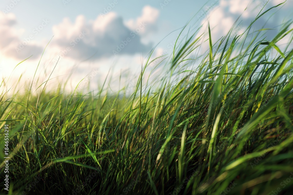 Fototapeta premium Lush green grass meadow featuring a blur effect under sunny skies with scattered clouds during late afternoon