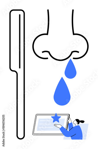 Health awareness, medical testing, diagnostic tools, symptom tracking, patient care, health records. Nose with droplets, swab person analyzing data. Medical testing and diagnostic tools concept