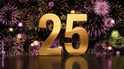 Gold number 25 with fireworks in the background. Festive scene for birthday or anniversary party