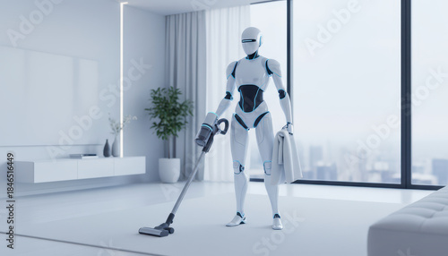 Futuristic humanoid robot vacuuming modern minimalistic living room with advanced smart technology

