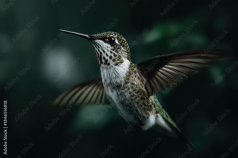Obraz premium Hummingbird in flight among lush foliage showcasing intricate wing details in a natural outdoor setting