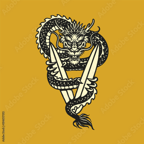 Powerful Eastern-style dragon coiling around two swords, symbol of strength, protection, and ancient force.