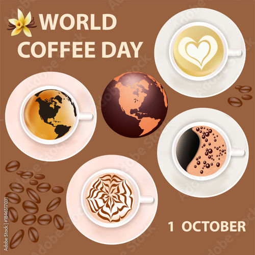 World coffee day postcard illustration with a set of different types of coffee and a globe