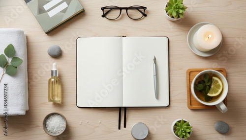 Wellness and mindfulness flat lay with open journal, tea, candle, and natural spa accessories