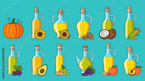 Vector illustration of various oil bottles with fruits and vegetables on teal background