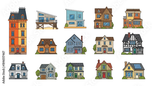 Collection of colorful cartoon houses with various architectural styles isolated on white background vector