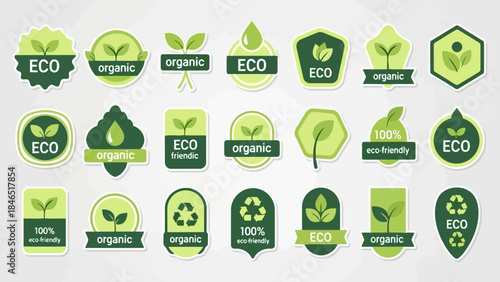Collection of eco-friendly and organic badges with green leaf designs isolated on white background vector