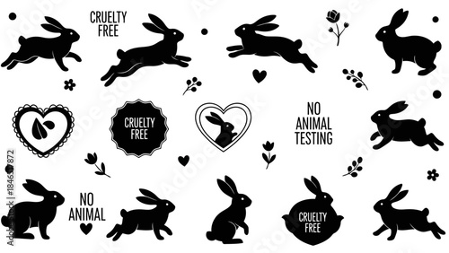 Black silhouettes of rabbits with cruelty free and no animal testing text on white background vector