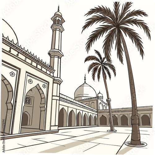South asian mosque courtyard with palm trees minaret