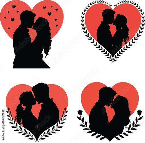 Romantic Couple Kissing Silhouettes with Heart-Shaped Floral Frame