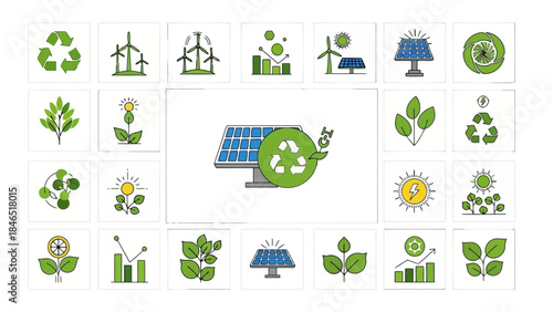 Eco-friendly icons for sustainable energy and recycling isolated on white background vector