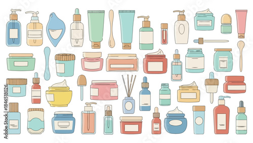 Collection of various colorful cosmetic products isolated on white background vector