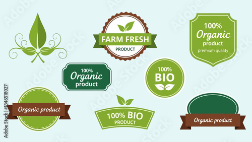 Vector illustration of organic and bio product labels with green badges