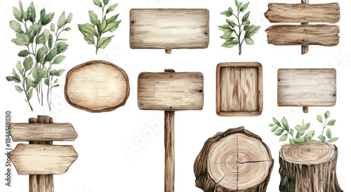 watercolor wooden signboards and wood slices with greenery, isolated on a transparent background