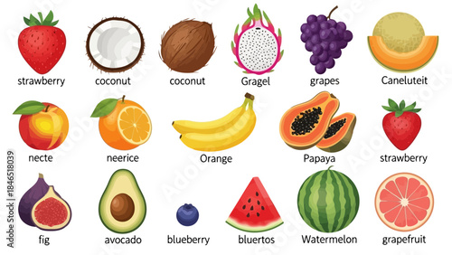 Assorted colorful fruits isolated on white background vector