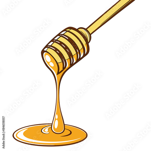 Honey dripping from honey dipper on white background