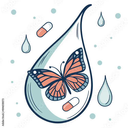 Orange butterfly inside large teardrop surrounded by pills and droplets