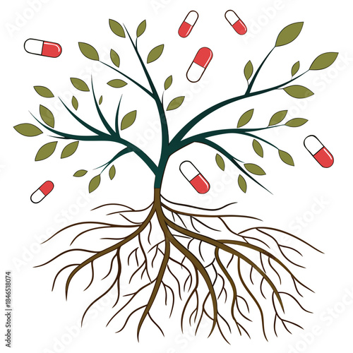 Tree roots and red white pills on white background