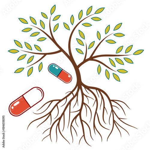 Tree roots and pill molecules pills plant